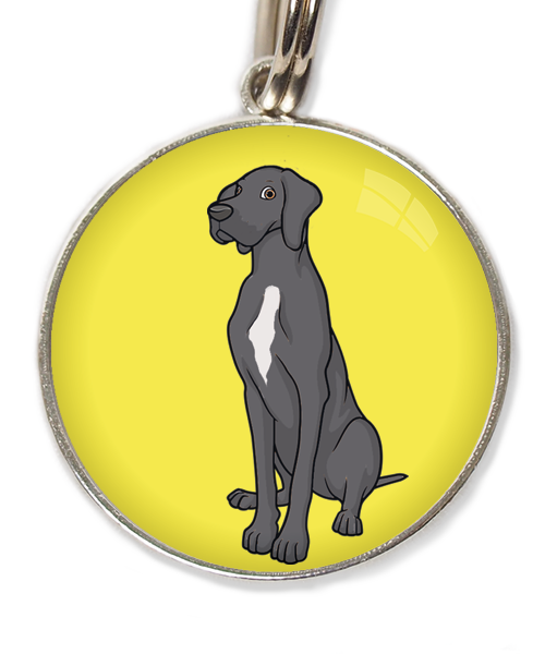 deense-dog-donker-grijs-witte-vlek-huisdierpenning-geel