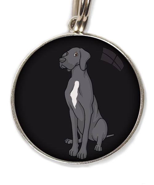 deense-dog-donker-grijs-witte-vlek-huisdierpenning-zwart