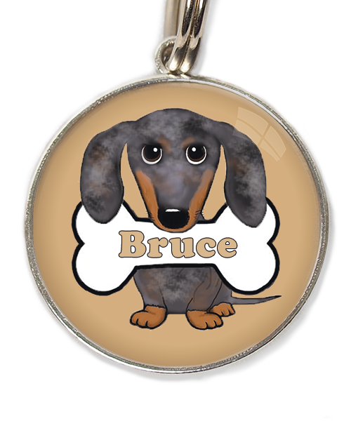 teckel gevlekt met naam huisdierpenning beige