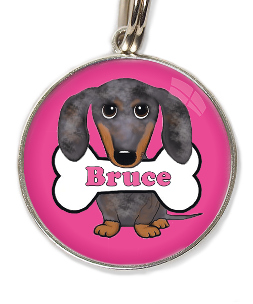 teckel gevlekt met naam huisdierpenning fushia