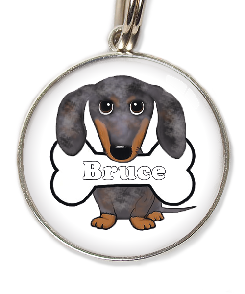 teckel gevlekt met naam huisdierpenning wit