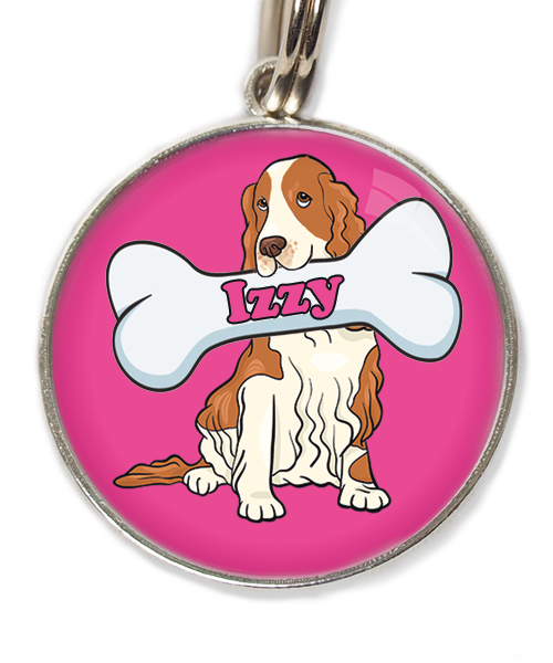 cocker-bruin-wit-met-naam-been-huisdierpenning-fushia