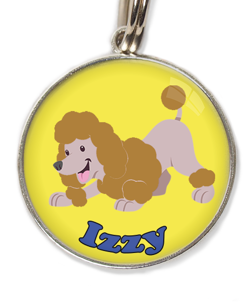 dwergdpoedel-buigend-bruin-met-naam-los-huisdierpenning-geel