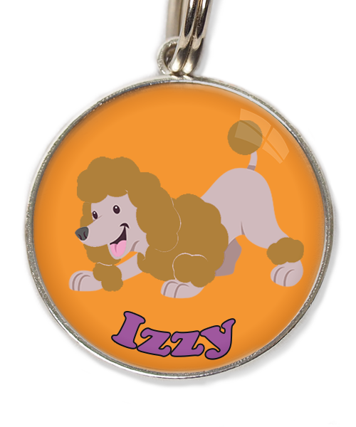 dwergdpoedel-buigend-bruin-met-naam-los-huisdierpenning-oranje