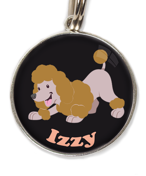 dwergdpoedel-buigend-bruin-met-naam-los-huisdierpenning-zwart