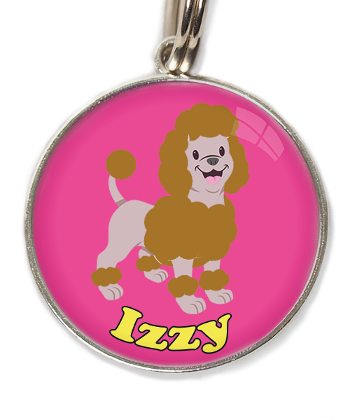 dwergpoedel-bruin-met-naam-los-huisdierpenning-fushia