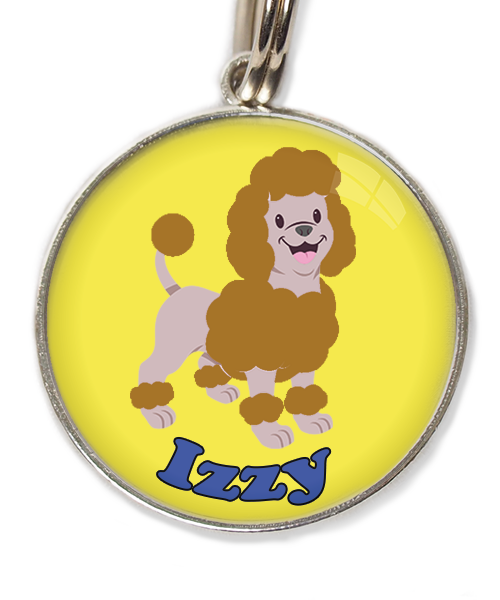 dwergpoedel-bruin-met-naam-los-huisdierpenning-geel