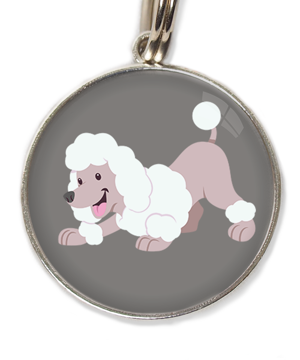 dwergpoedel-buigend-wit-huisdierpenning-lichtgrijs