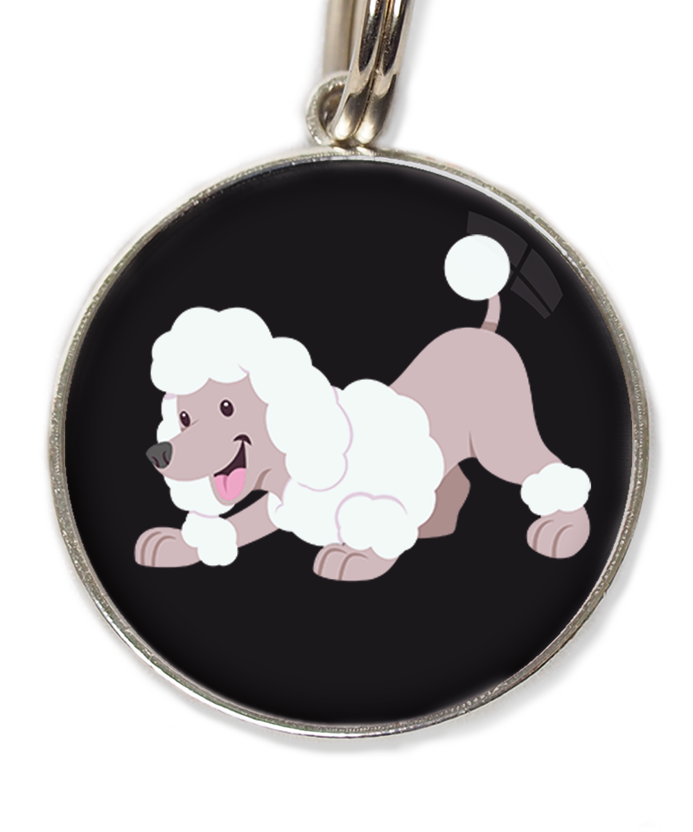 dwergpoedel-buigend-wit-huisdierpenning-zwart