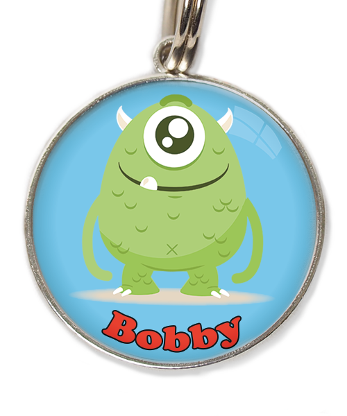 monster-groen-met-naam-los-huisdierpenning-lichtblauw
