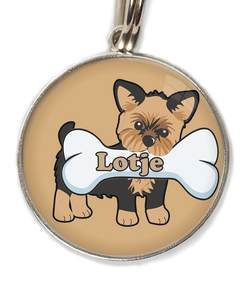 yorkshire-terrier-kort-haar-bruin-zwart-met-naam-been-huisdierpenning-beige