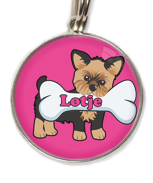 yorkshire-terrier-kort-haar-bruin-zwart-met-naam-been-huisdierpenning-fushia