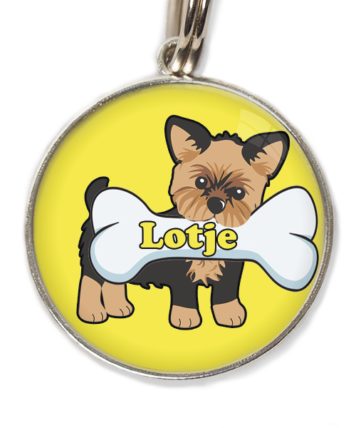 yorkshire-terrier-kort-haar-bruin-zwart-met-naam-been-huisdierpenning-geel