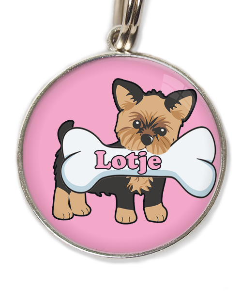 yorkshire-terrier-kort-haar-bruin-zwart-met-naam-been-huisdierpenning-lichtroos