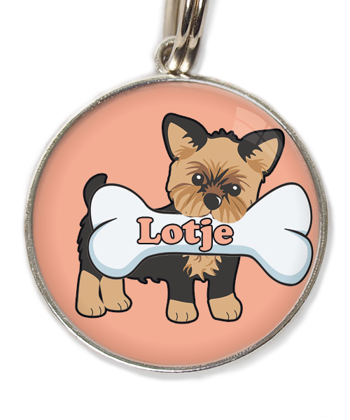 yorkshire-terrier-kort-haar-bruin-zwart-met-naam-been-huisdierpenning-peach