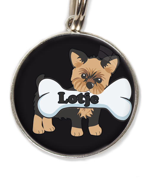 yorkshire-terrier-kort-haar-bruin-zwart-met-naam-been-huisdierpenning-zwart