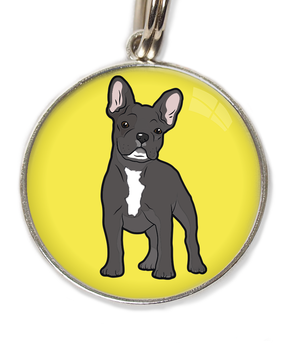 franse-bulldog-witte-sik-witte-borst-huisdierpenning-geel