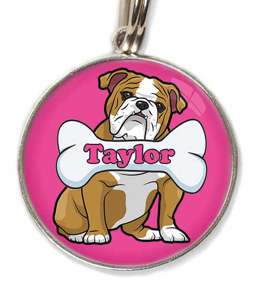 engelse-bulldog-met-naam-been-huisdierpenning-fushia
