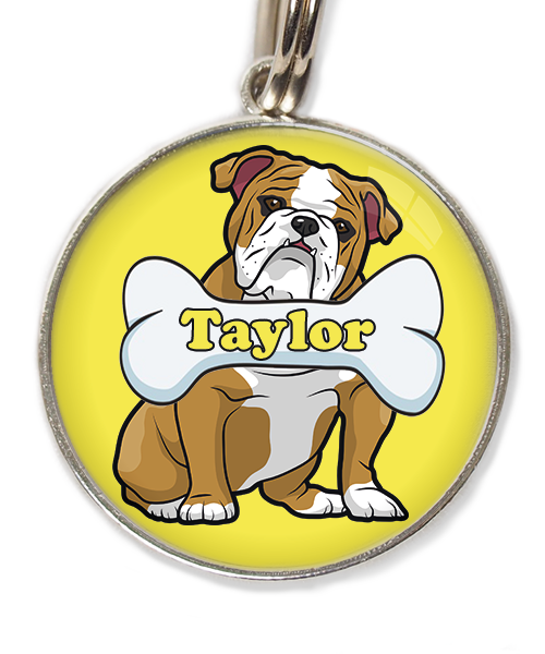 engelse-bulldog-met-naam-been-huisdierpenning-geel