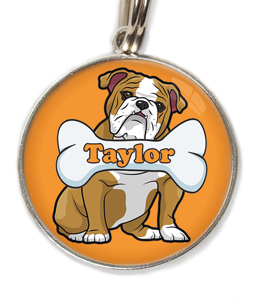 engelse-bulldog-met-naam-been-huisdierpenning-oranje
