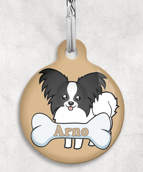 100094-vlinderhond-zwartwit-naam-been-huisdierpenning-beige