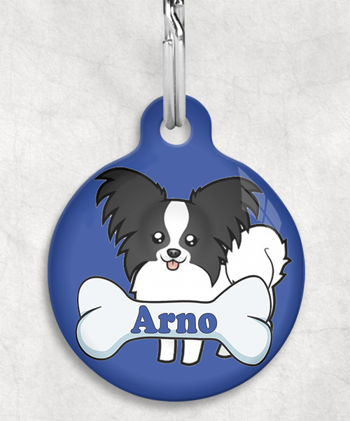 100094-vlinderhond-zwartwit-naam-been-huisdierpenning-blauw