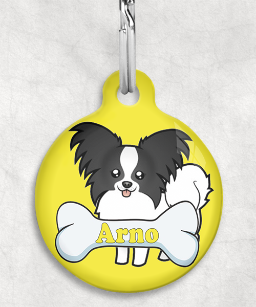 100094-vlinderhond-zwartwit-naam-been-huisdierpenning-geel