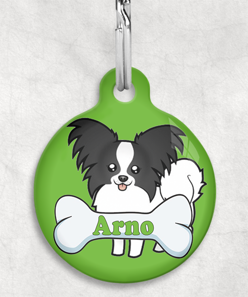 100094-vlinderhond-zwartwit-naam-been-huisdierpenning-groen