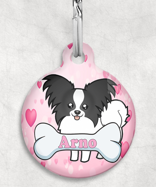 100094-vlinderhond-zwartwit-naam-been-huisdierpenning-hartjes