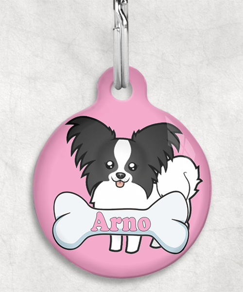 100094-vlinderhond-zwartwit-naam-been-huisdierpenning-lichtroze