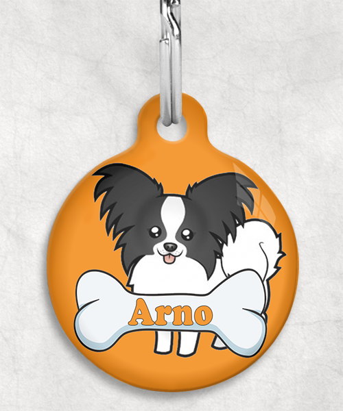 100094-vlinderhond-zwartwit-naam-been-huisdierpenning-oranje