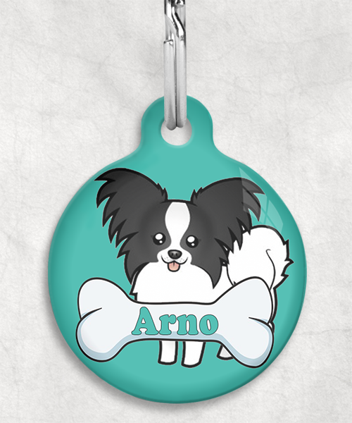 100094-vlinderhond-zwartwit-naam-been-huisdierpenning-turquoise