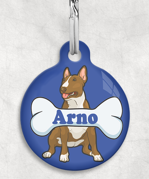 bull-terrier-beigecartoon-naam-been-huisdierpenning-blauw