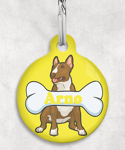 bull-terrier-beigecartoon-naam-been-huisdierpenning-geel