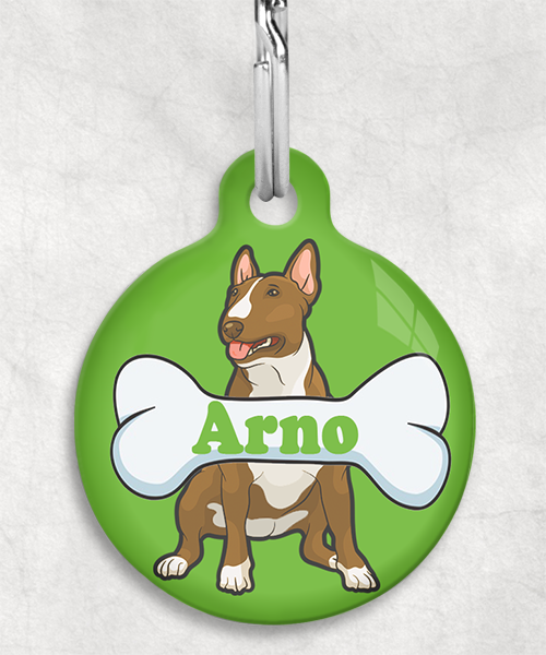 bull-terrier-beigecartoon-naam-been-huisdierpenning-groen