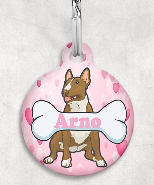 bull-terrier-beigecartoon-naam-been-huisdierpenning-hartjes