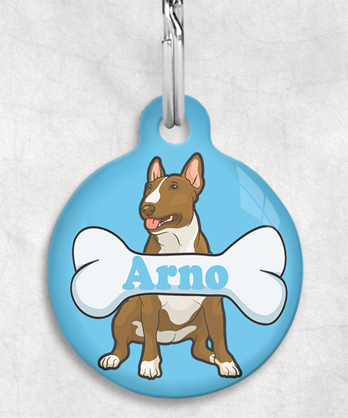 bull-terrier-beigecartoon-naam-been-huisdierpenning-lichtblauw