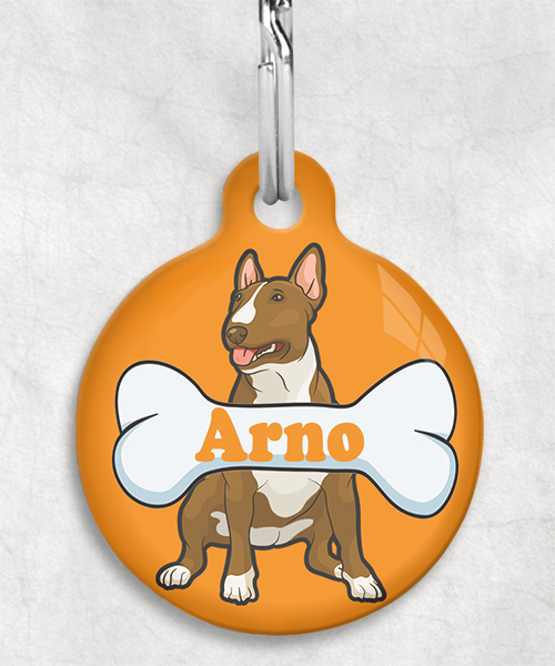 bull-terrier-beigecartoon-naam-been-huisdierpenning-oranje