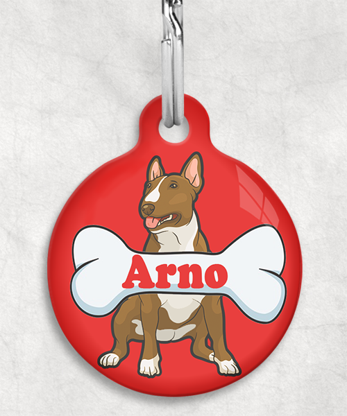 bull-terrier-beigecartoon-naam-been-huisdierpenning-rood