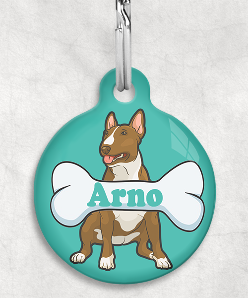 bull-terrier-beigecartoon-naam-been-huisdierpenning-turquoise