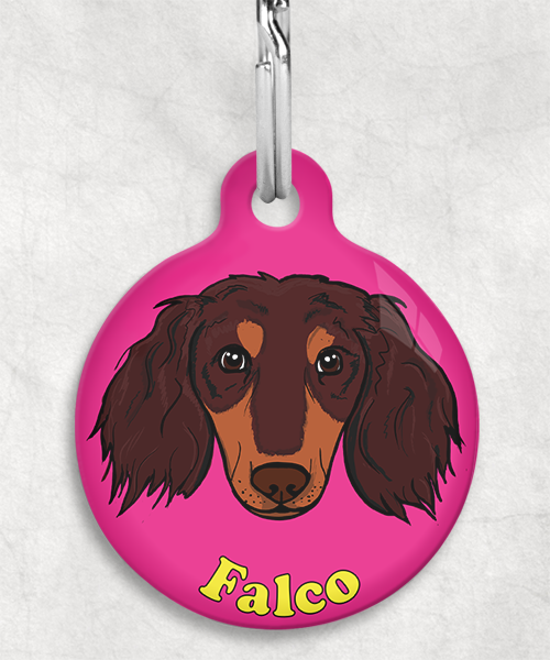 teckel-choco-tan-lang-haar-zelf-naam-los-huisdierpenning-fushia